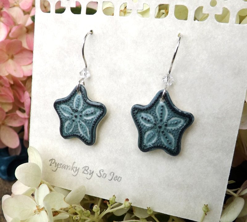 Starfish Etched Emu Egg Earrings Pysanky Jewelry by So Jeo